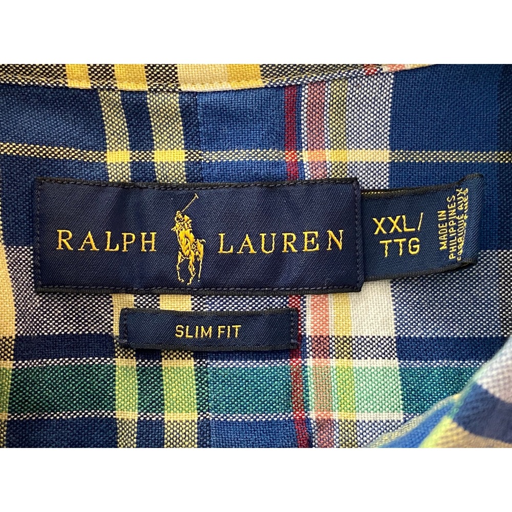 Ralph Lauren Mens 2XL Slim Fit Short Sleeve Plaid Button Down Shirt Blue Yellow - Picture 6 of 8